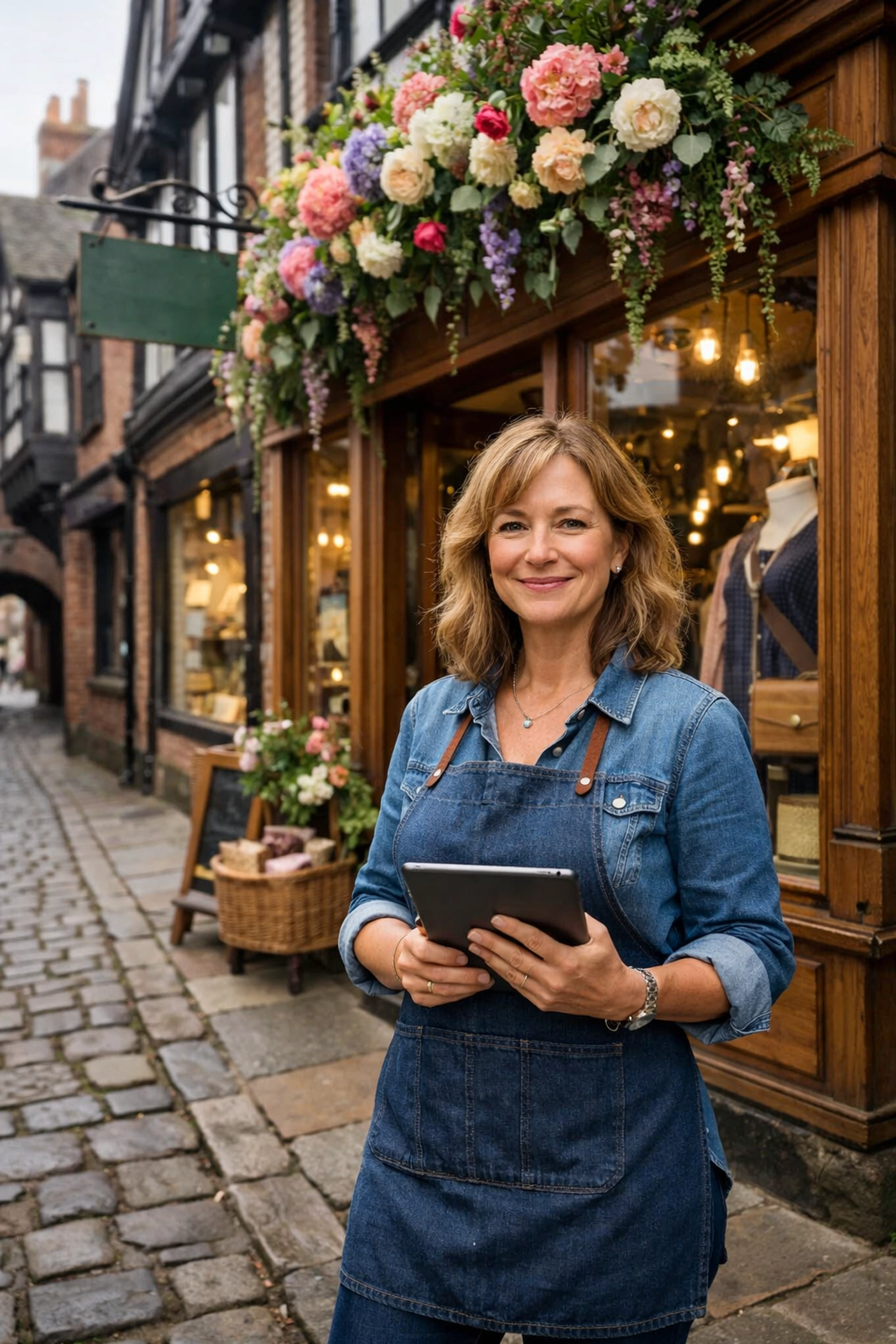 A local Chester business owner with a tablet outside a shop on a historic cobblestone street.