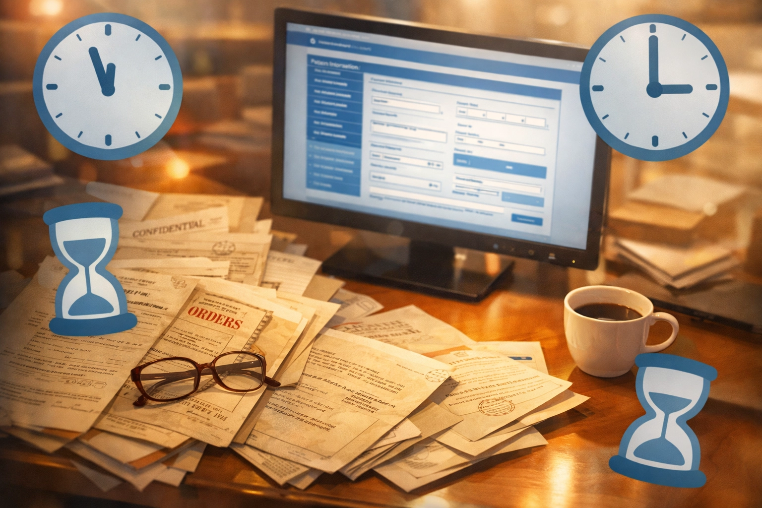 Healthcare administrator's desk with scattered DD214 documents and time icons showing manual verification delays
