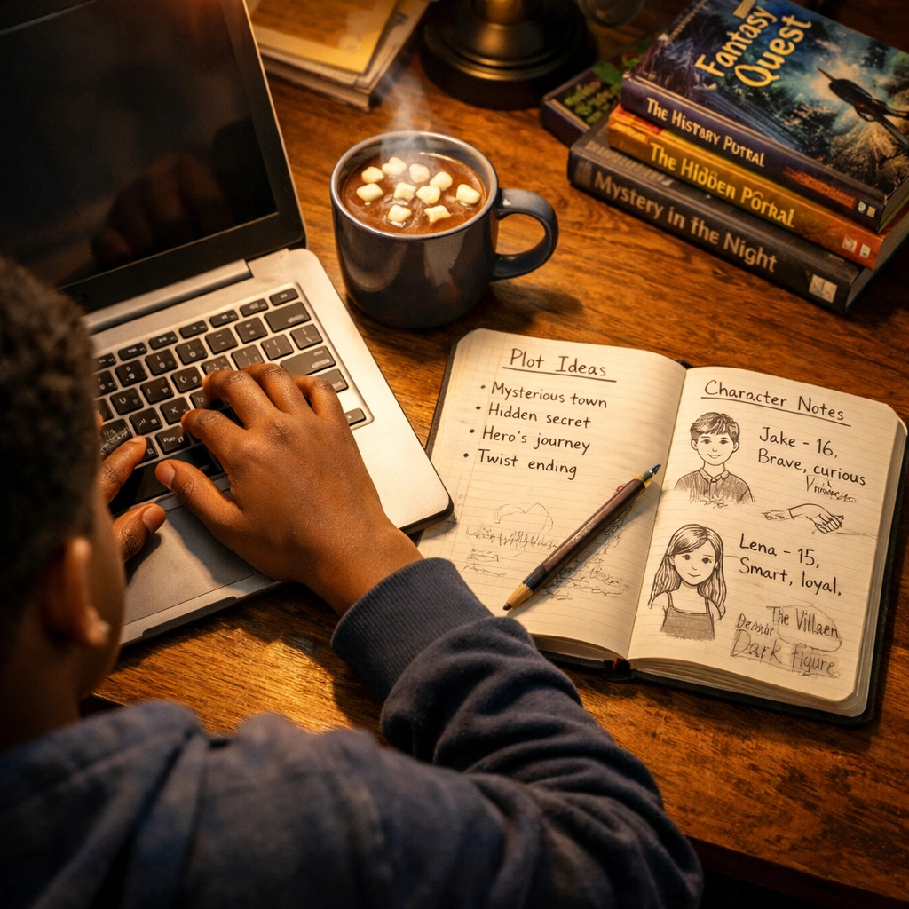 Young writer typing story on laptop with handwritten notes and creative materials