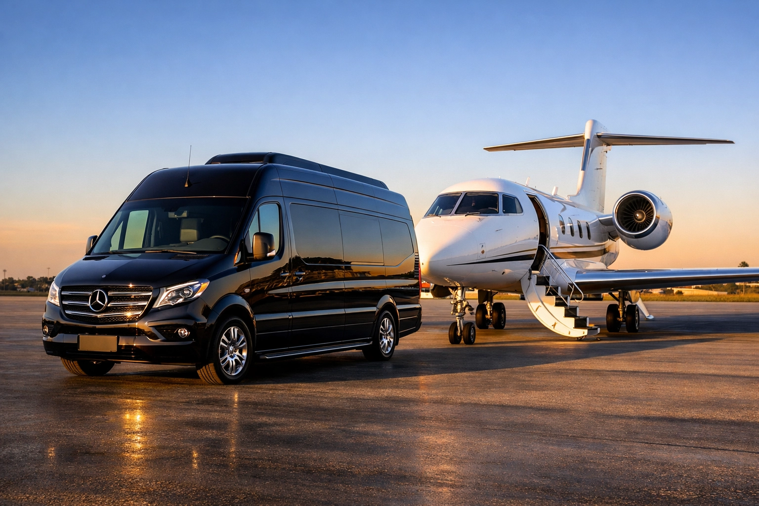 Luxury executive sprinter van and private jet representing Super Bowl corporate travel logistics.