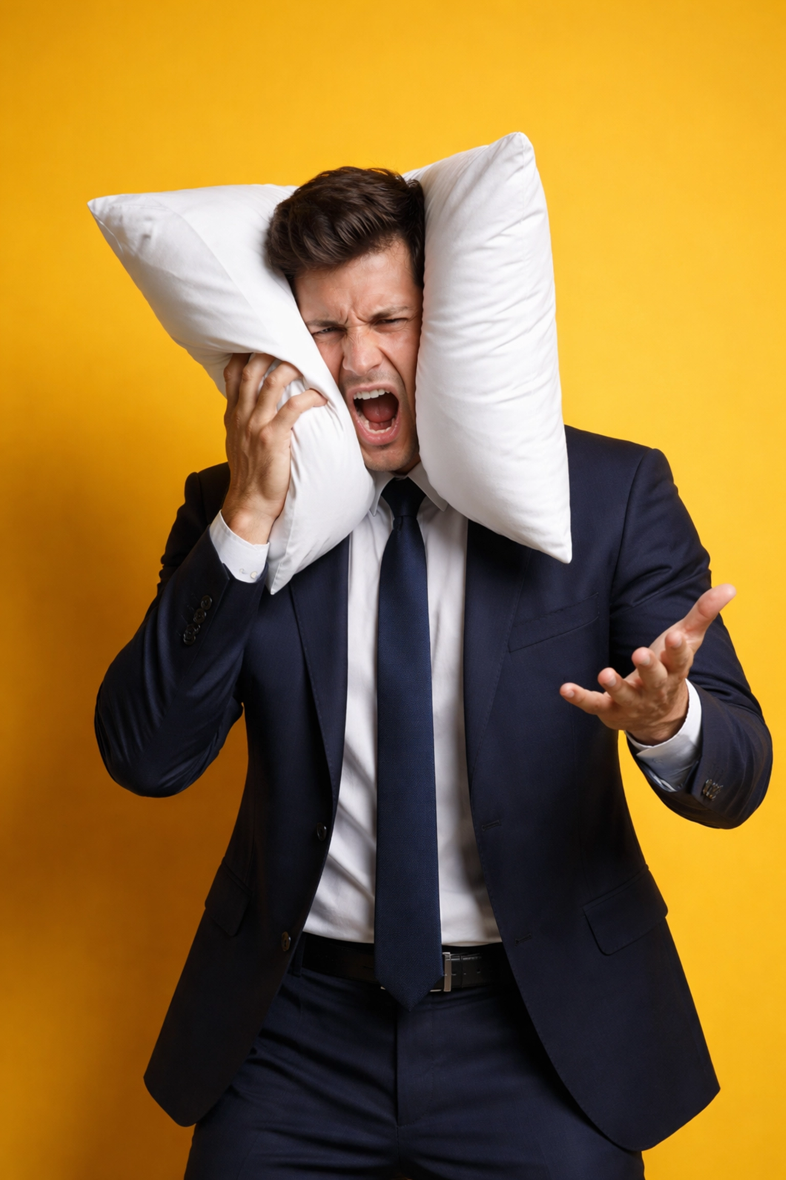 Frustrated business professional pressing a pillow to their face, illustrating the impact of poor podcast audio quality
