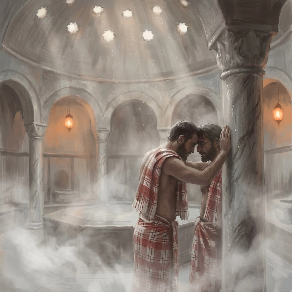 An intimate encounter between two men in an Ottoman hammam, reflecting the intensity of steamy MM romance novels.