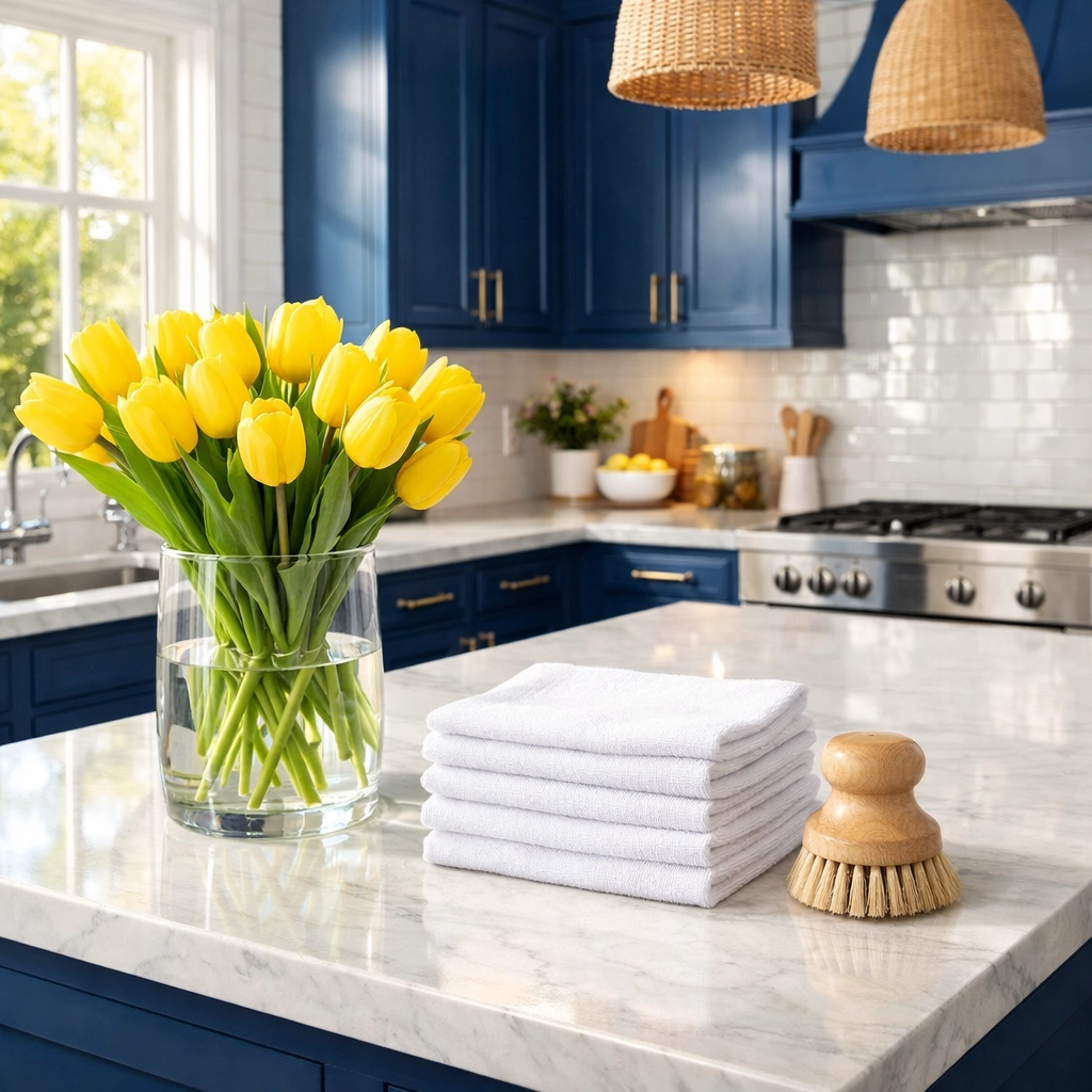 Sparkling luxury kitchen following eco-friendly house cleaning in West Cambridge for the spring.
