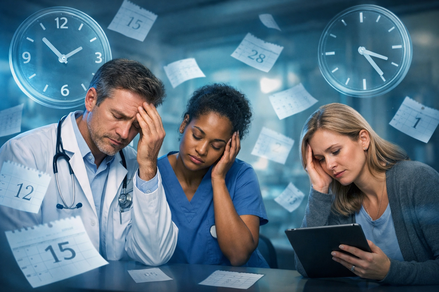 Exhausted healthcare clinicians overwhelmed by documentation time and charting burden