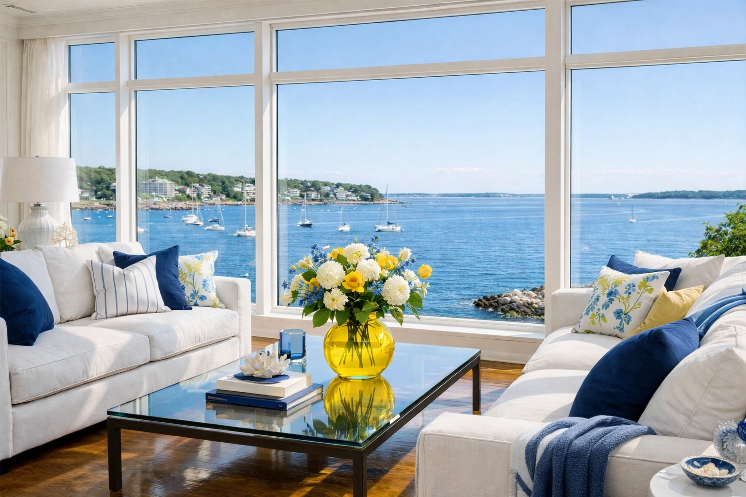 Spotless Hingham waterfront living room with ocean views after a visit from The Cleaning Ninjas.