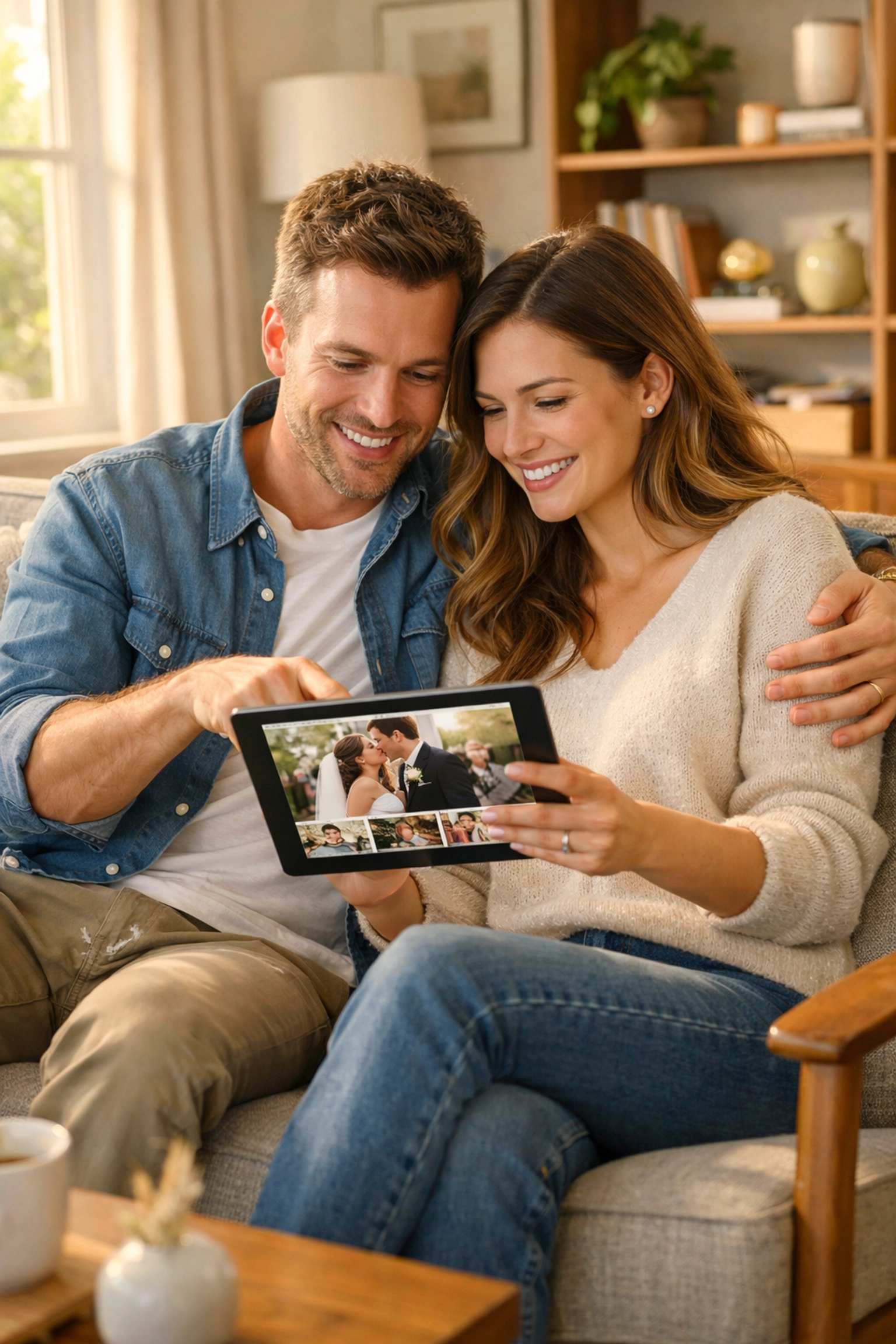 Happy couple viewing a fast-loading wedding gallery on a tablet in a bright living room.
