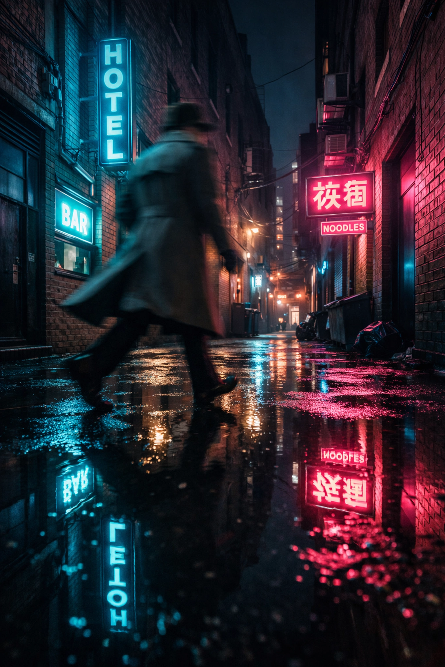 A neon-lit night street with motion blur, capturing creative street photography ideas with mirrorless gear.