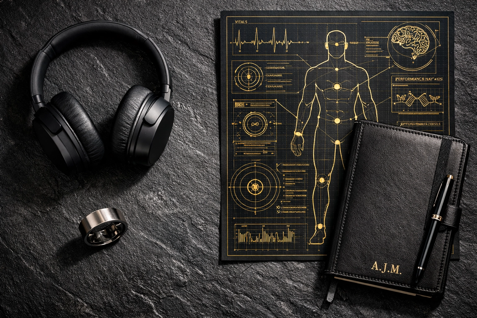 Elite biometric tools and journals used in a bespoke executive fitness coaching and vitality program.