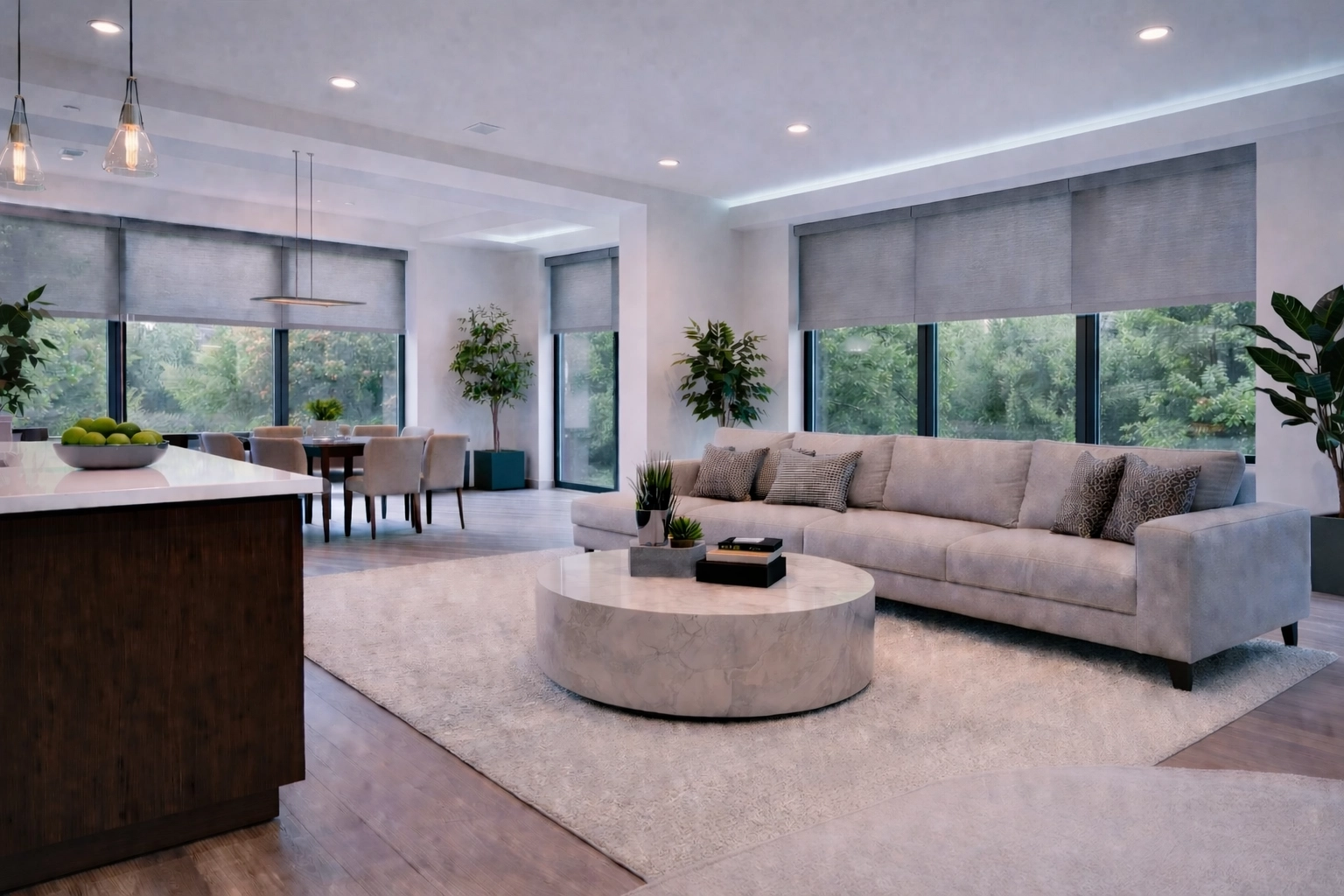 Open-concept home with a voice-activated automation hub controlling smart lights, blinds, and thermostat