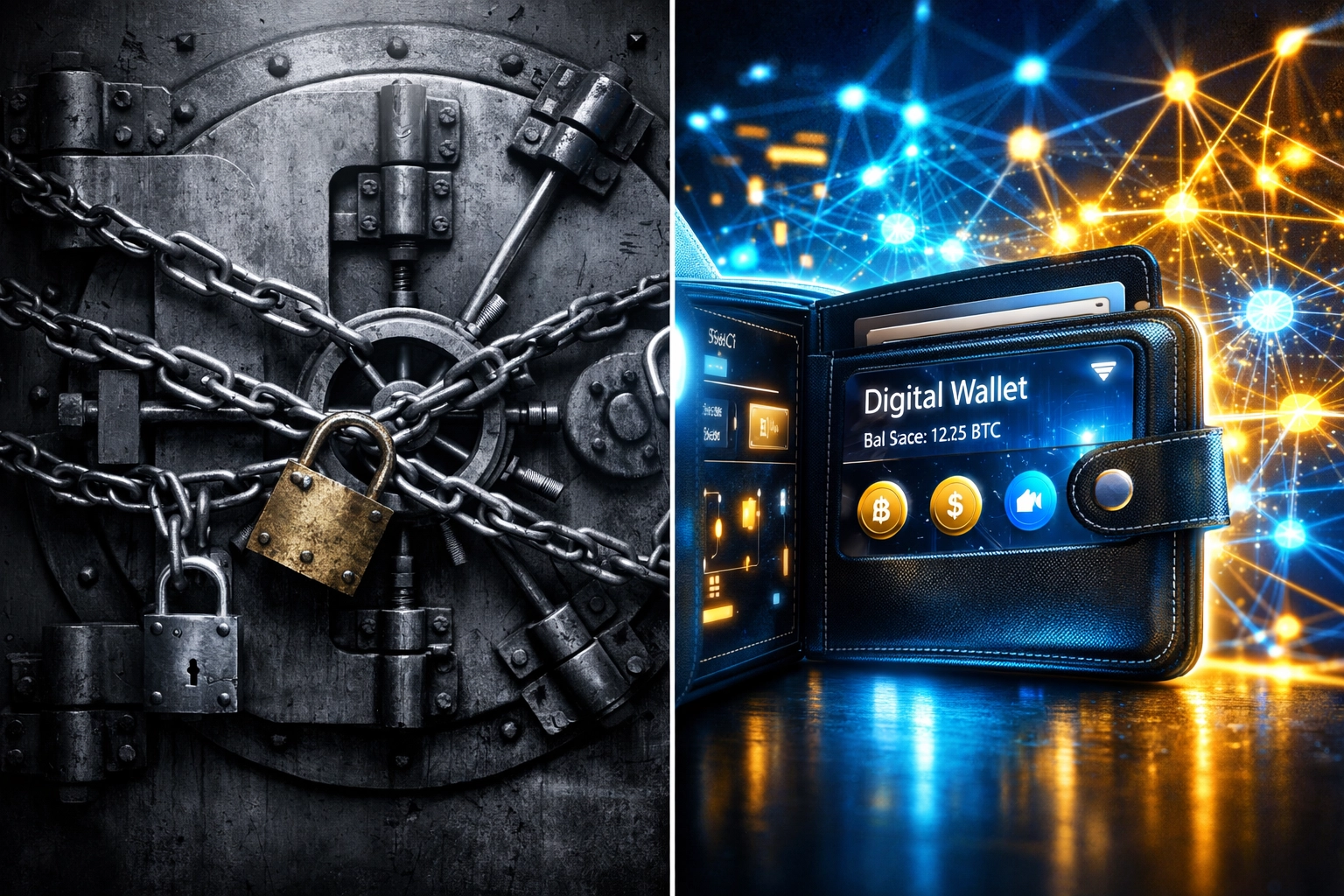 Comparison of traditional banking restrictions versus open Web3 crypto wallet blockchain networks