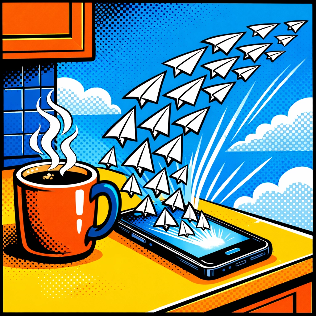 Automated email drafts flying out of a smartphone next to a morning cup of coffee.