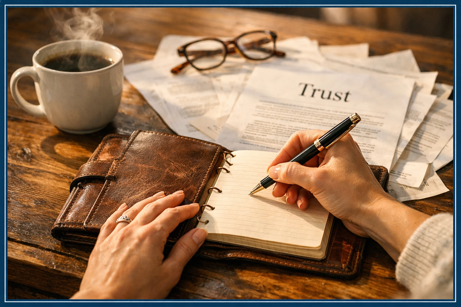 Writing a plan for selling inherited property with trust documents and coffee on desk Writing a plan for selling inherited property with trust documents and coffee on desk