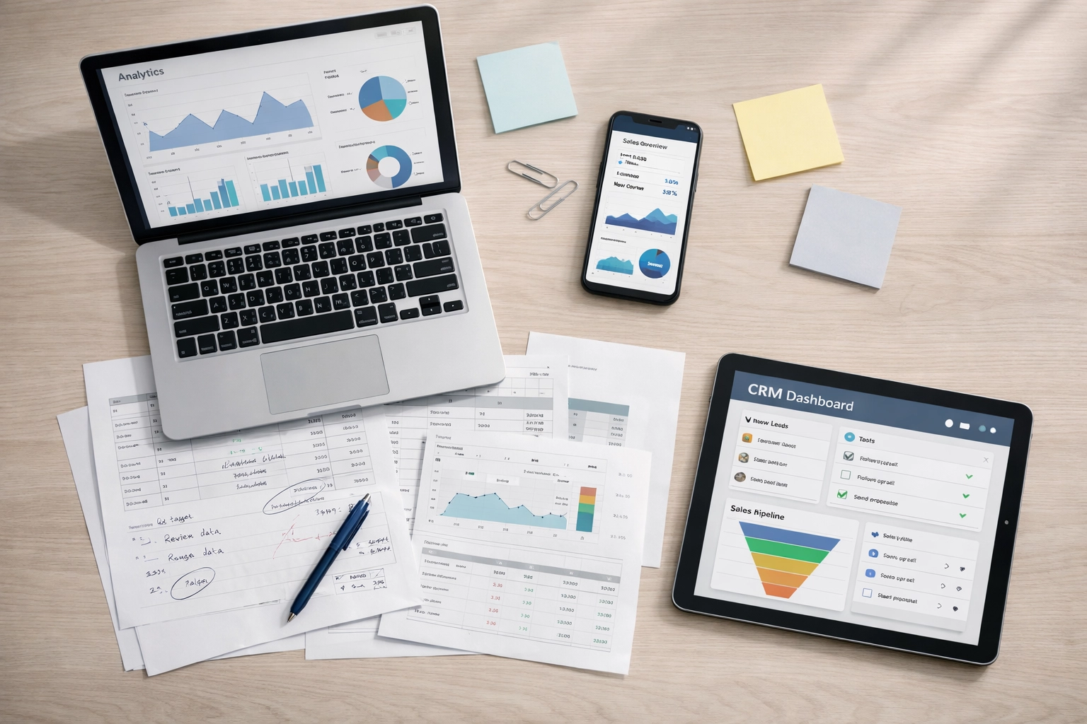 Scattered analytics data across multiple devices showing fragmented conversion tracking
