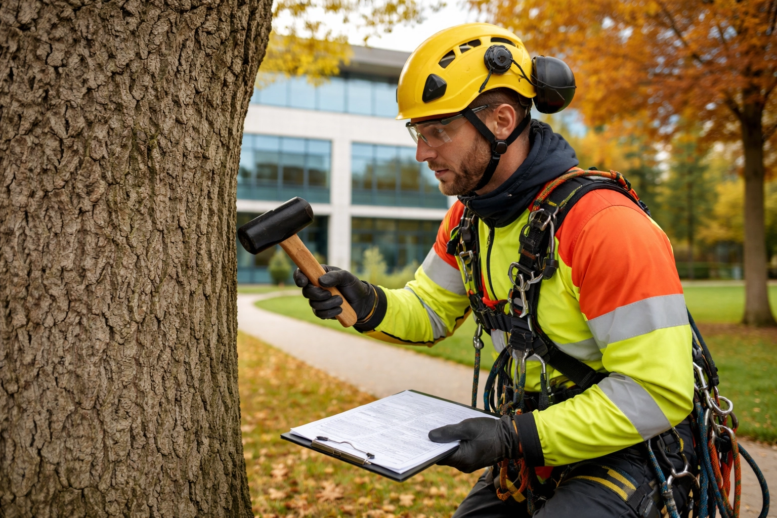Arborist conducting a tree risk assessment on a large oak outside an office building with safety gear