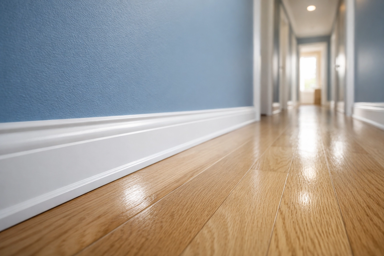 Pristine white baseboards and polished wood floors in a bright hallway after a deep move-out clean.