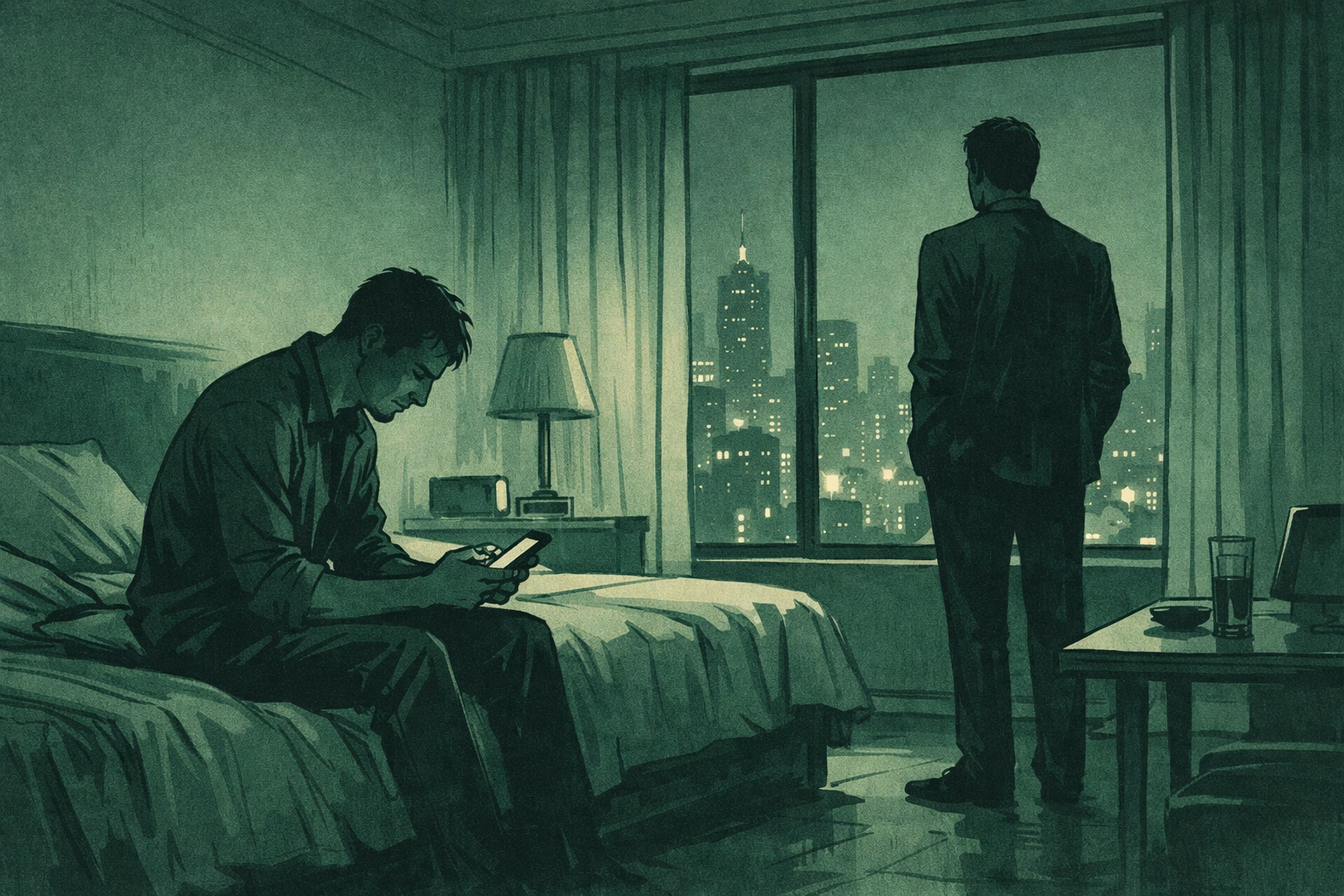 Two men in hotel room showing emotional distance in MM romance The Transaction of Self