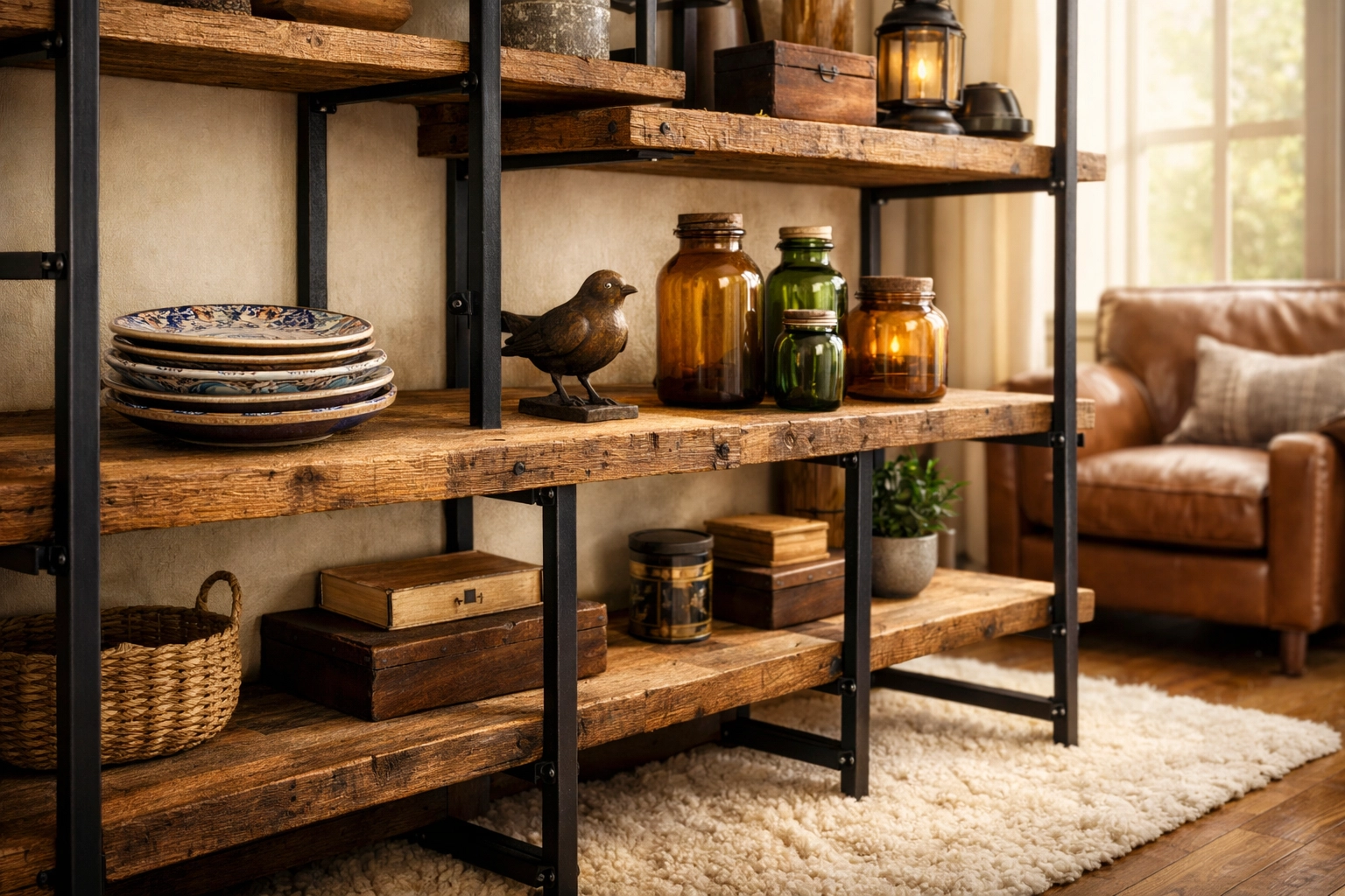 Reclaimed wood shelving styled with one-of-a-kind gifts and artisanal home decor from a boutique.