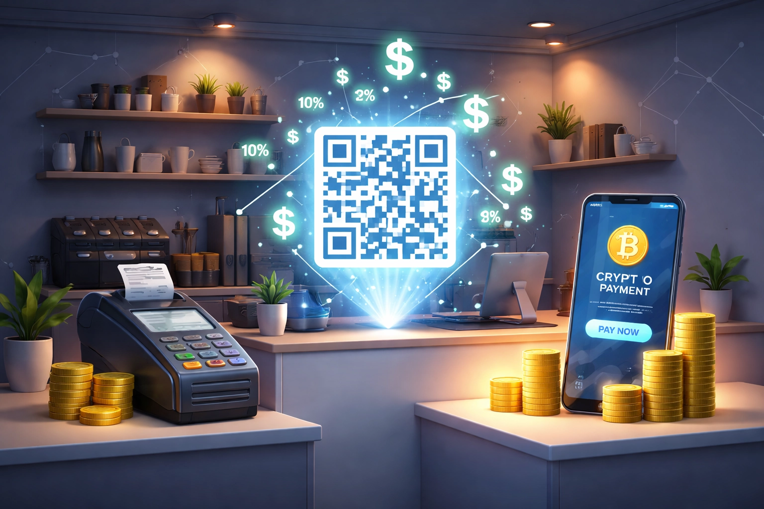 Small business shop counter comparing traditional card terminals to crypto payment systems, highlighting cost savings with Larecoin.
