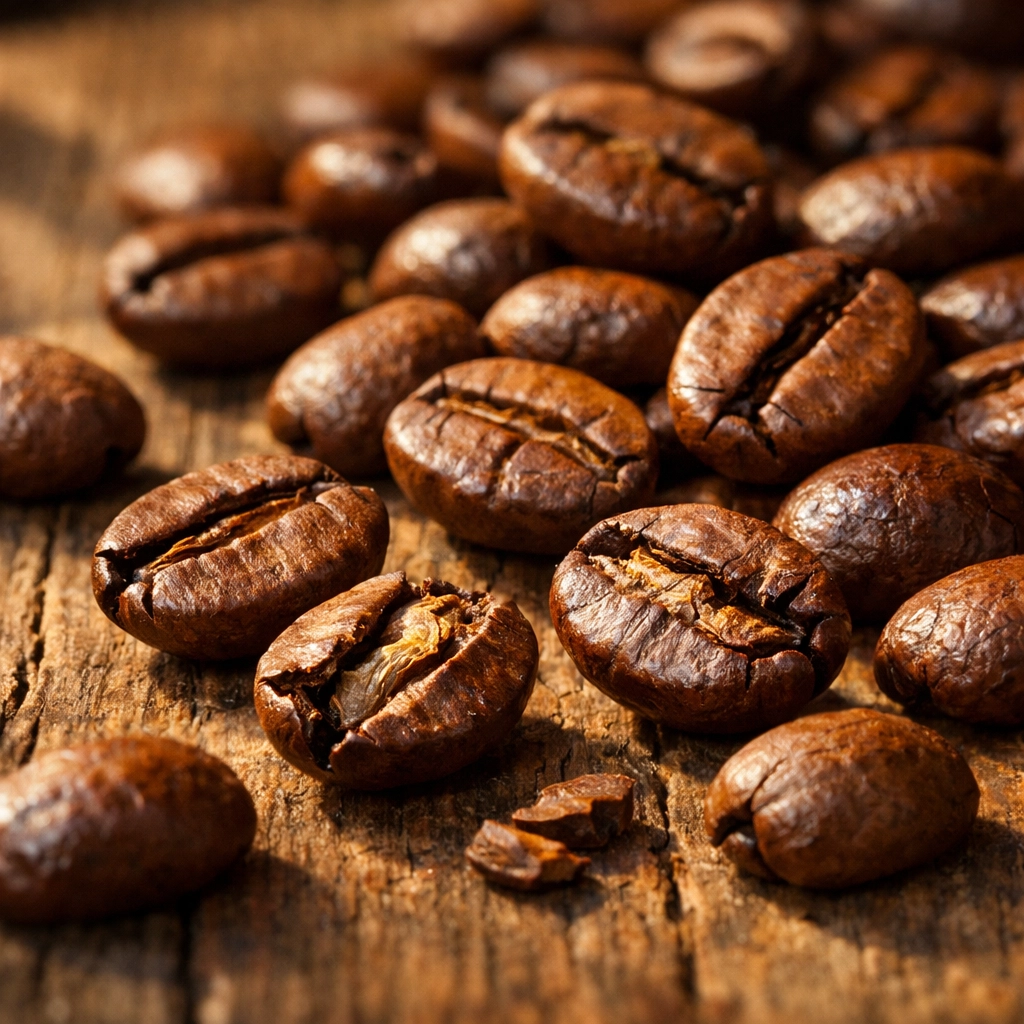 Freshly roasted Colombian coffee beans showing rich caramel and brown tones on wooden surface