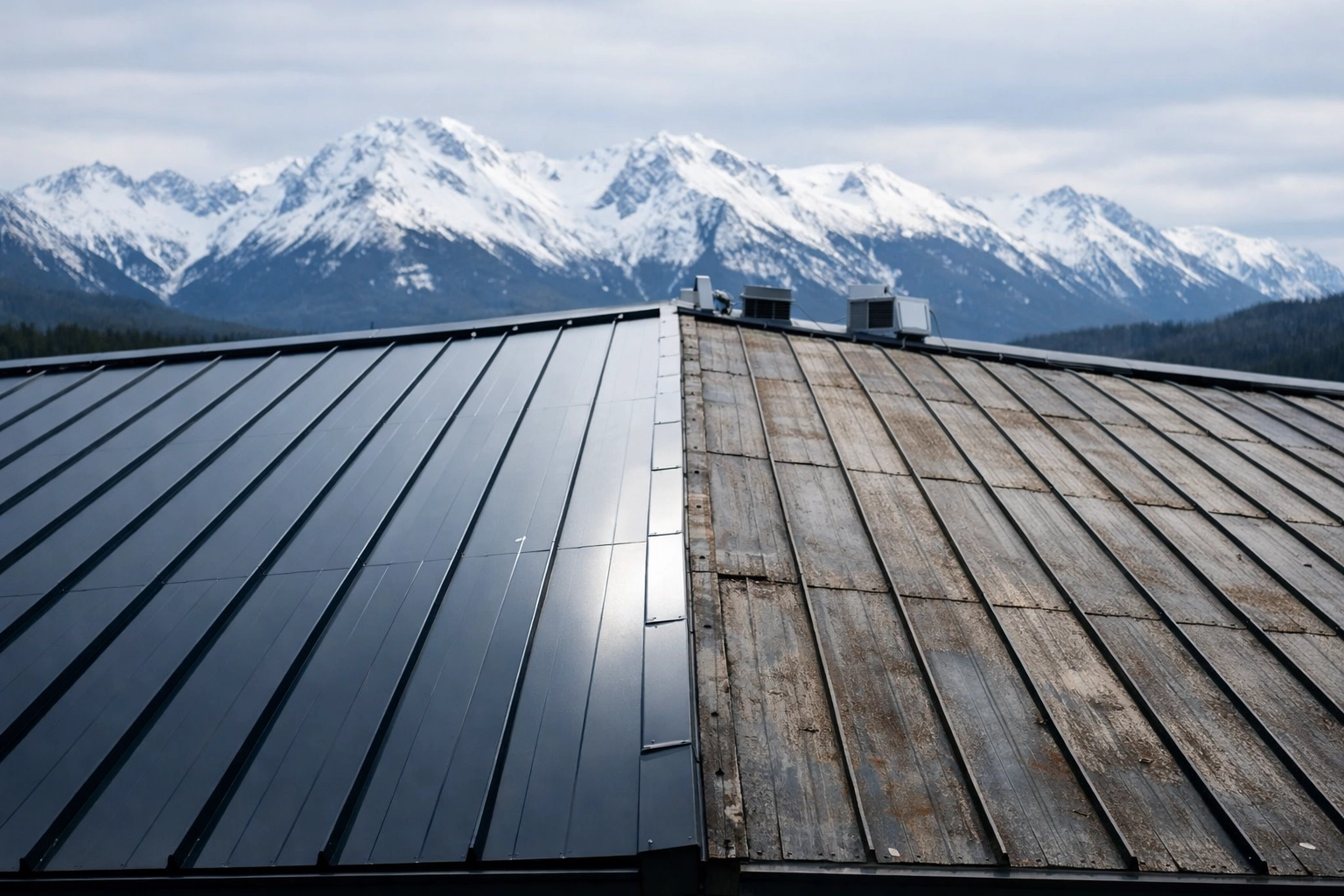 Comparison of new roofing and weathered wear and tear on a commercial building in Alaska.