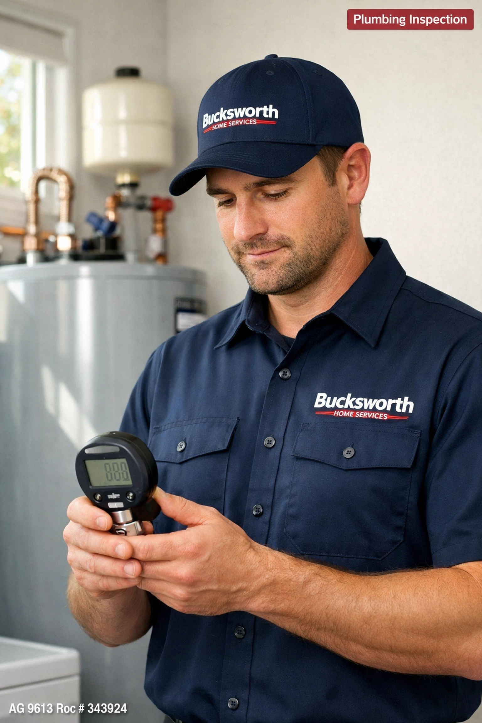 Bucksworth technician checking water pressure during a plumbing inspection in an Estrella Mountain AZ home.