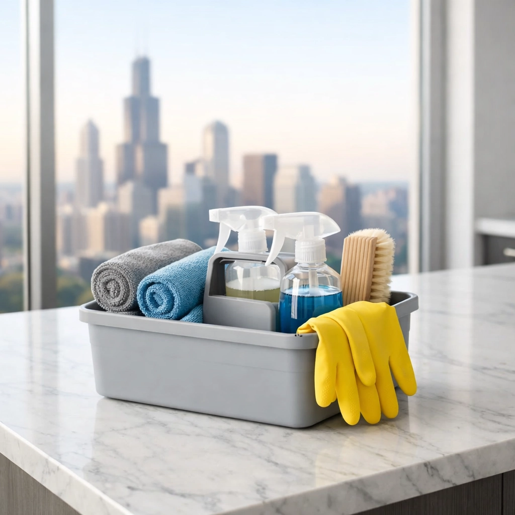 Professional cleaning supplies turn kit on a kitchen island in a modern Chicago apartment vacancy.