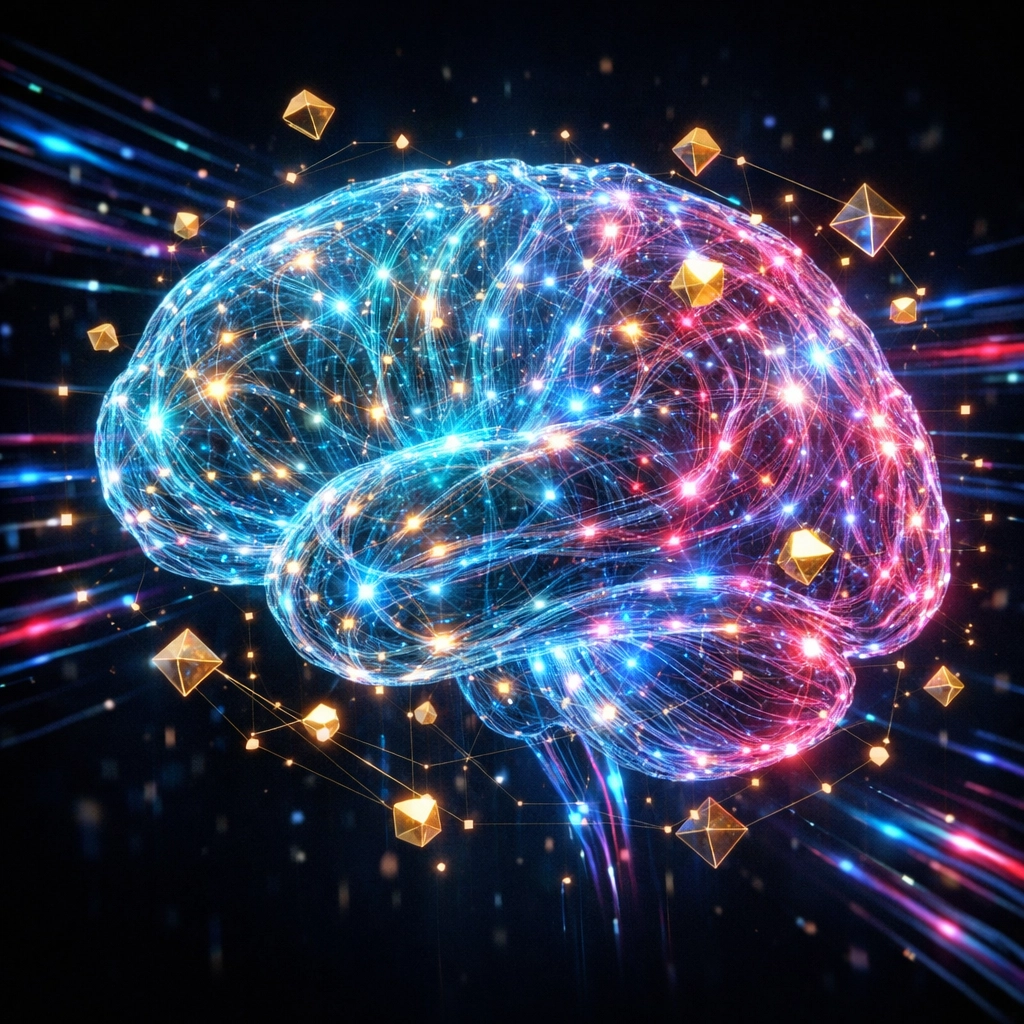 Digital neural network representing the Larecoin AI assistant for personalized Web3 shopping deals.