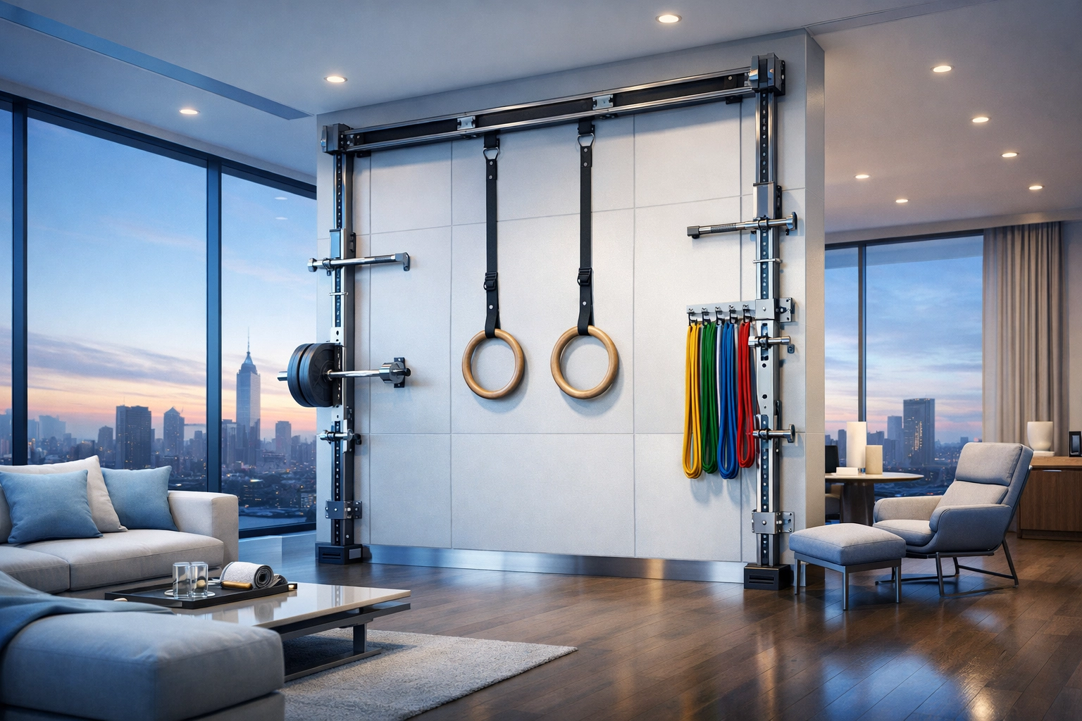 Modern living room with a versatile floor to ceiling home gym system including Resistance Rails and rings.