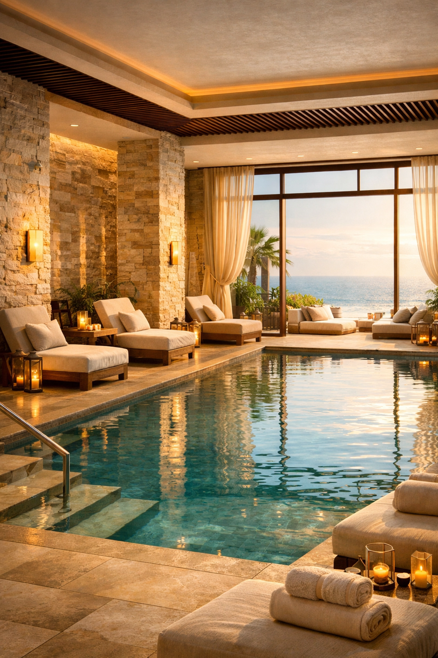 Peaceful wellness sanctuary at the Dreams Spa featuring a luxury heated pool and modern stone design.