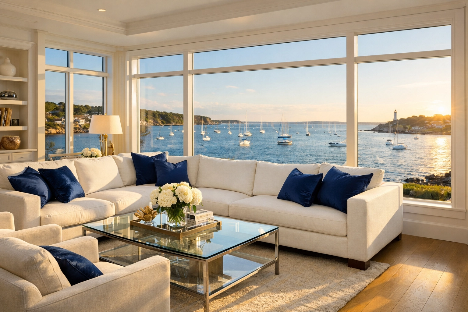 Pristine coastal living room overlooking Marblehead Harbor after luxury house cleaning in Marblehead.