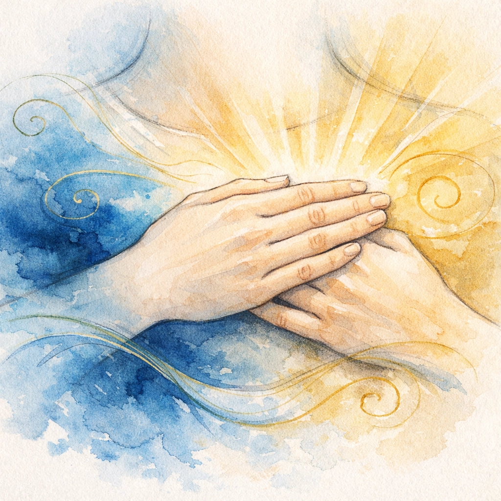 Hands over heart in prayer demonstrating calm breathing and spiritual centering