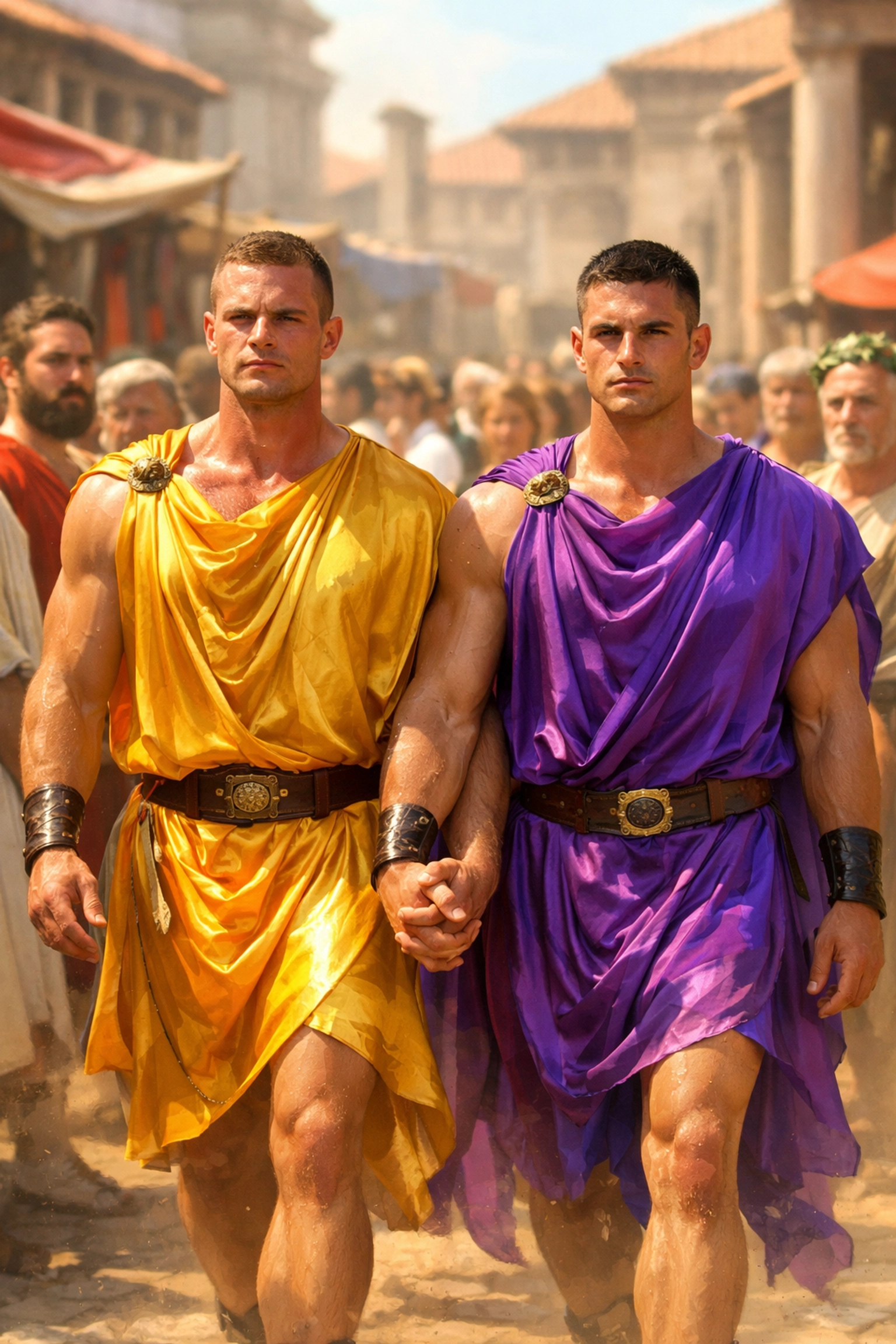 Sergius and Bacchus walking defiantly through a Roman market in colorful tunics, symbolizing queer resilience.