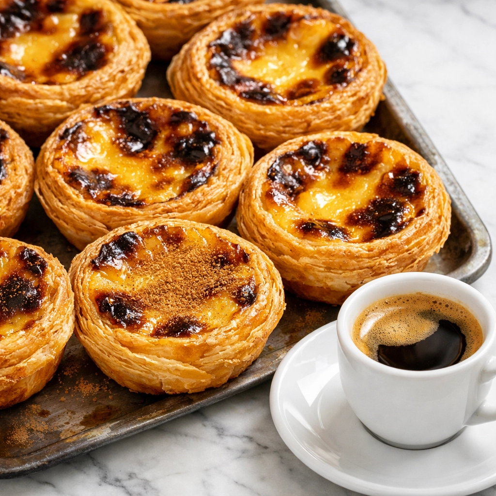 Fresh pastel de nata custard tarts with espresso, must-try Lisbon budget travel food treat