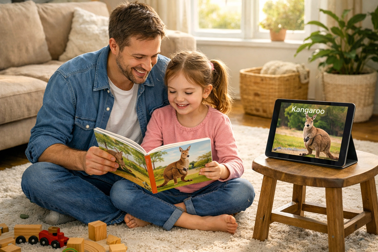 Parent and child combining traditional books and tablets for balanced early learning at home.