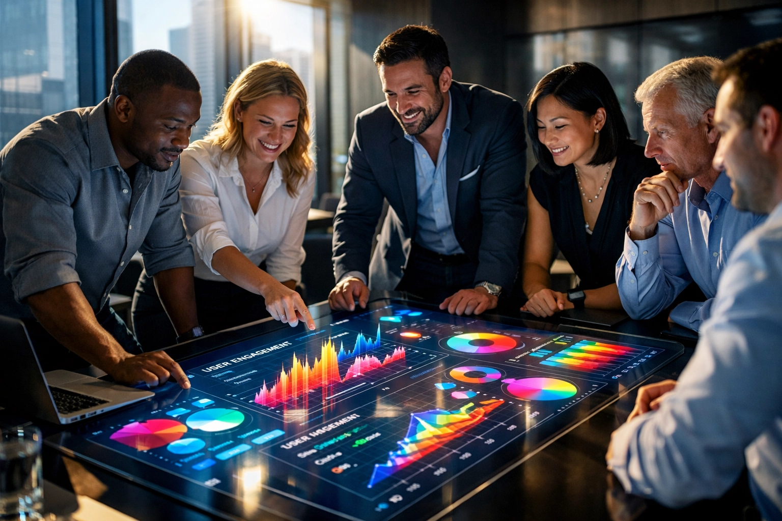 Marketing executives analyzing data-driven ROI for a Super Bowl NIL strategy in a modern boardroom.
