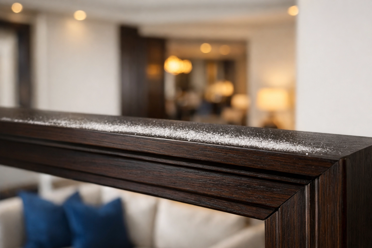 Close-up of white construction dust settled on top of a dark wood door frame in a modern living room.