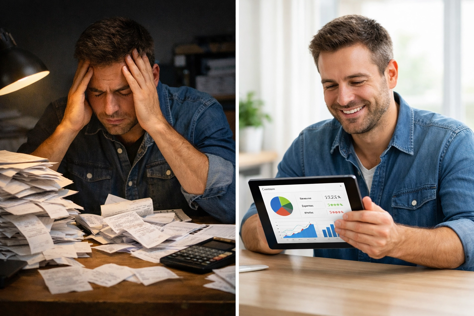 Business owner comparing stress of manual bookkeeping versus ease of outsourced services