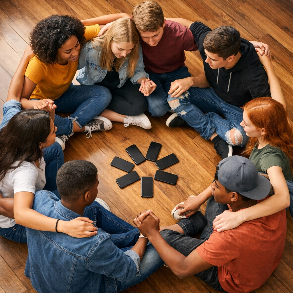 Group of teens connecting face-to-face with phones set aside for mental wellness