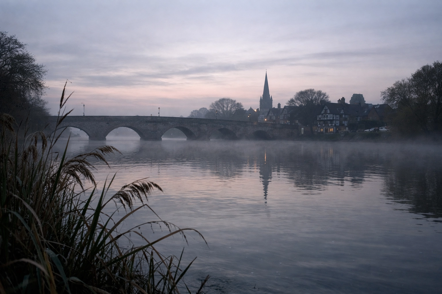 River Avon at dawn in Stratford-upon-Avon with mist and historic Clopton Bridge