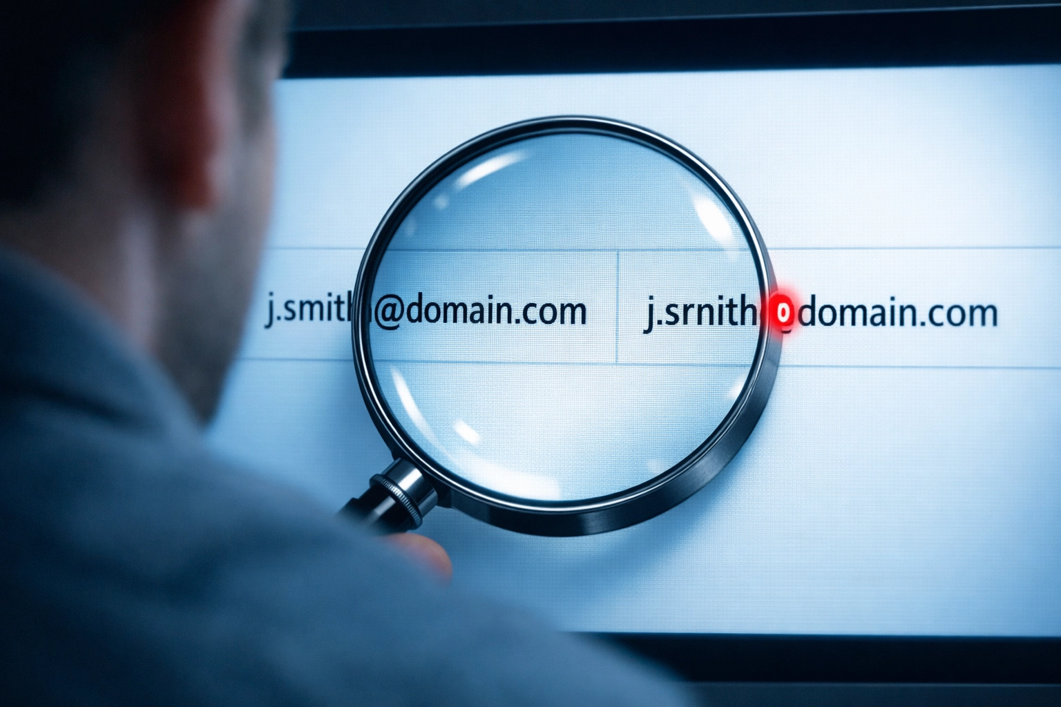 Close-up of similar email addresses being verified with magnifying glass to prevent wire fraud