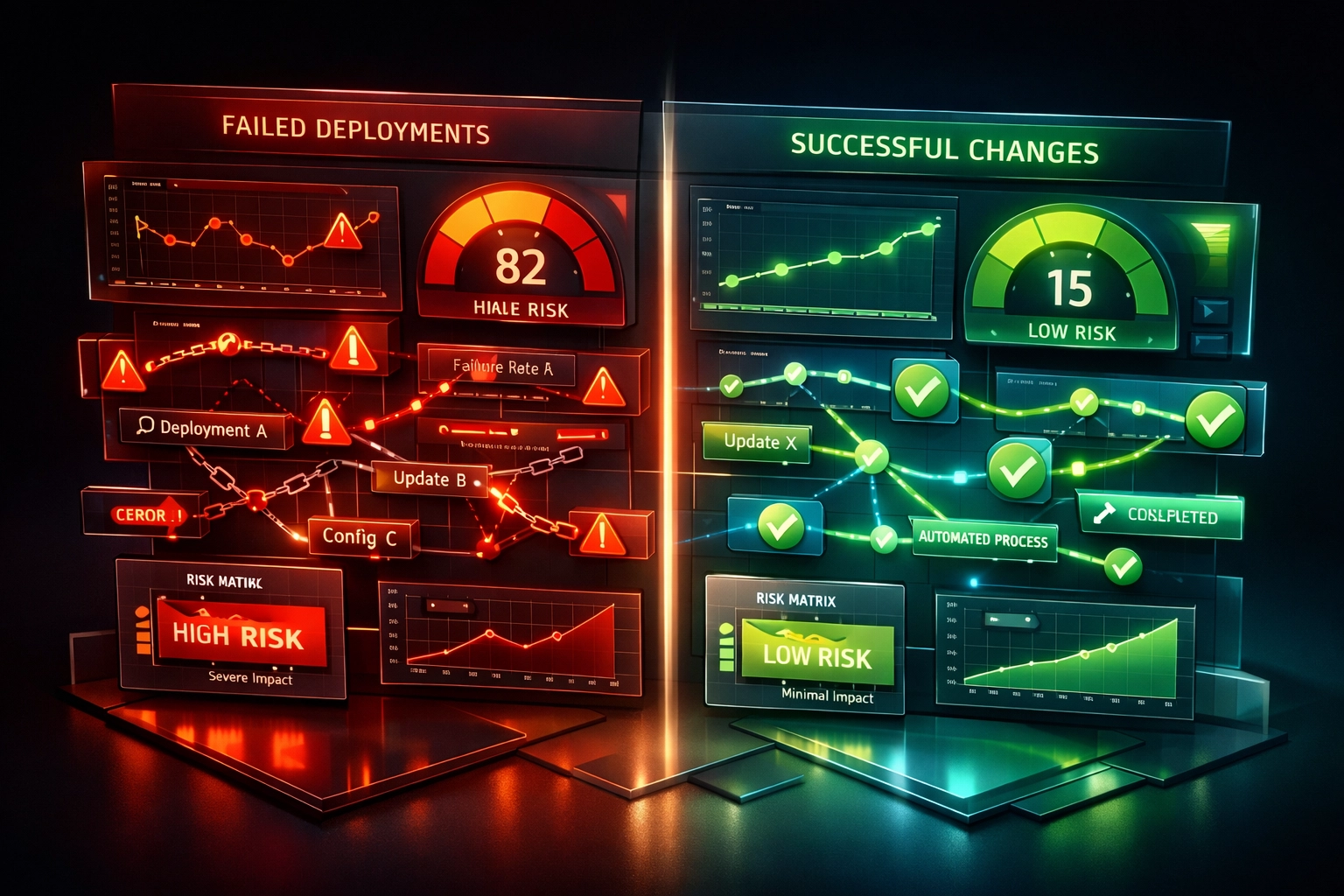 ServiceNow change management comparison showing automated workflows versus failed deployments