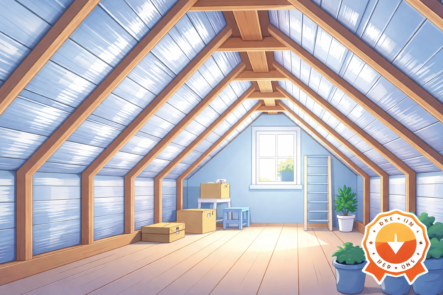 Completed loft with reflective multifoil insulation and exposed rafters, illustrating a compliant energy solution.