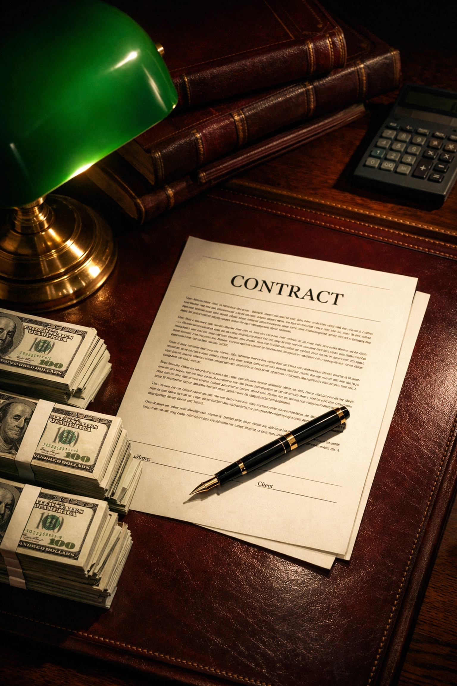 Investment contract and capital on banker's desk representing commercial real estate deals