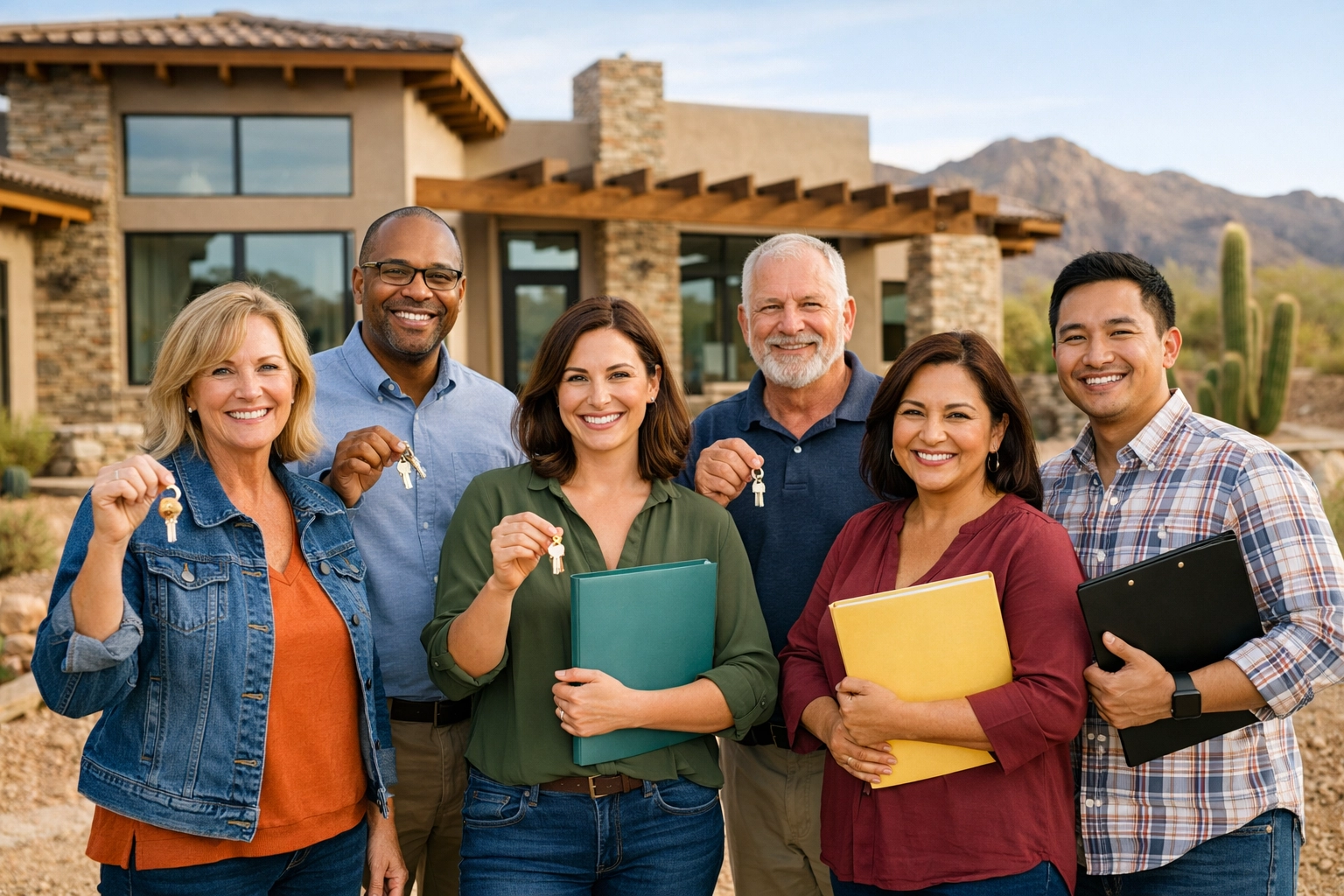 West Valley educators standing in front of new construction home with desert landscape