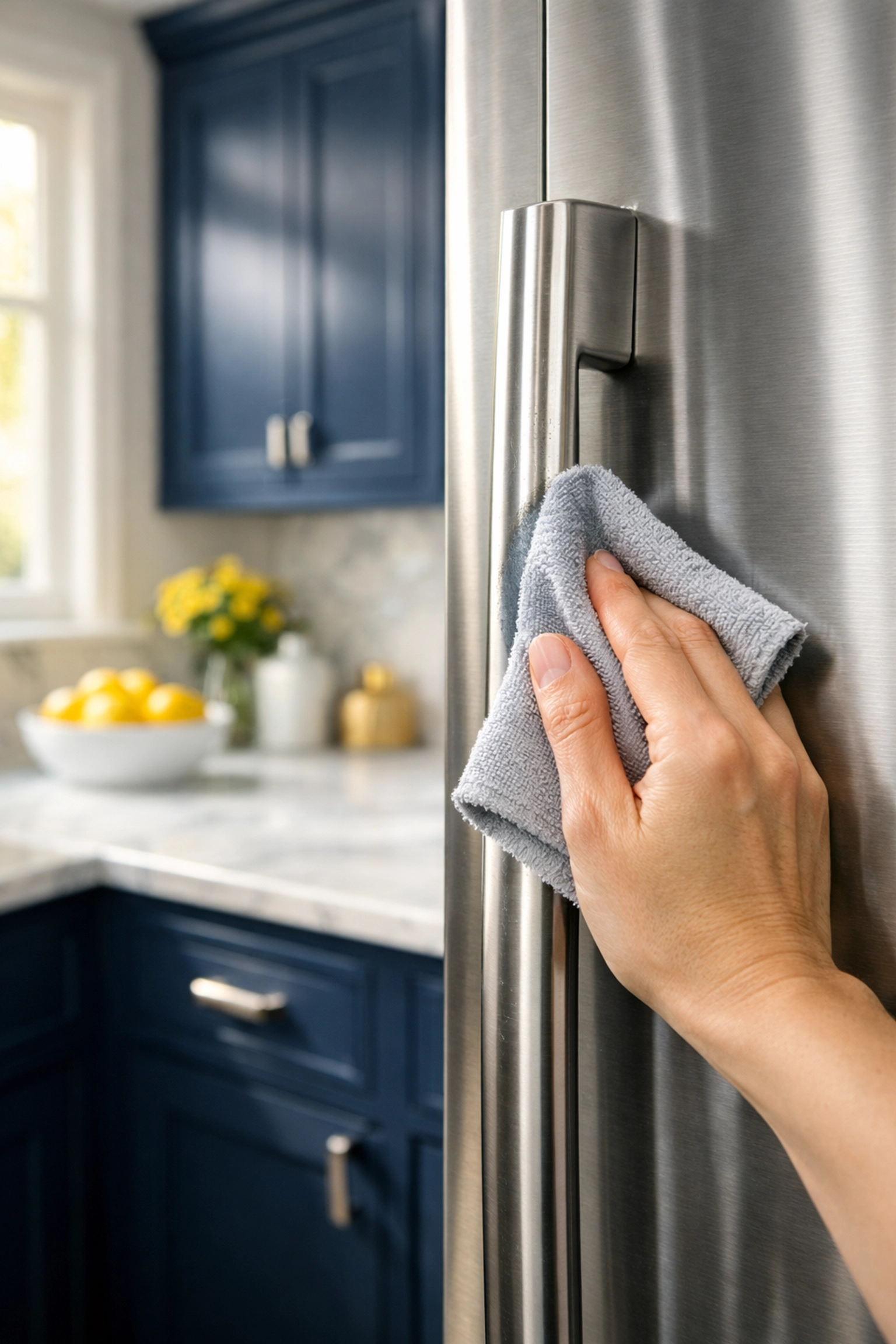 Professional cleaning of a modern Worcester kitchen after renovation, wiping a stainless steel handle.