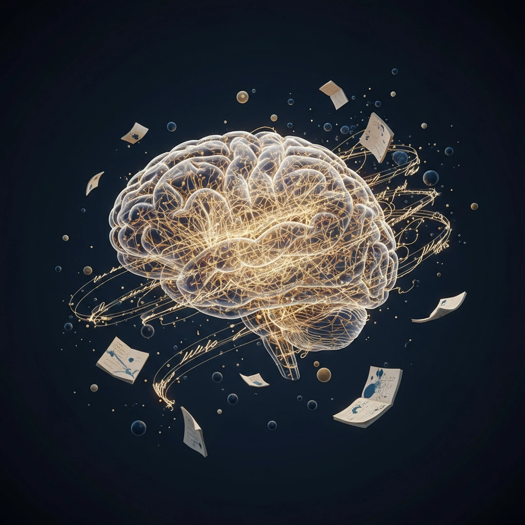 A glowing neural-style illustration of a human brain surrounded by swirling golden lines, floating journal pages, and abstract particles against a dark background, symbolizing how expressive writing activates and heals the brain.