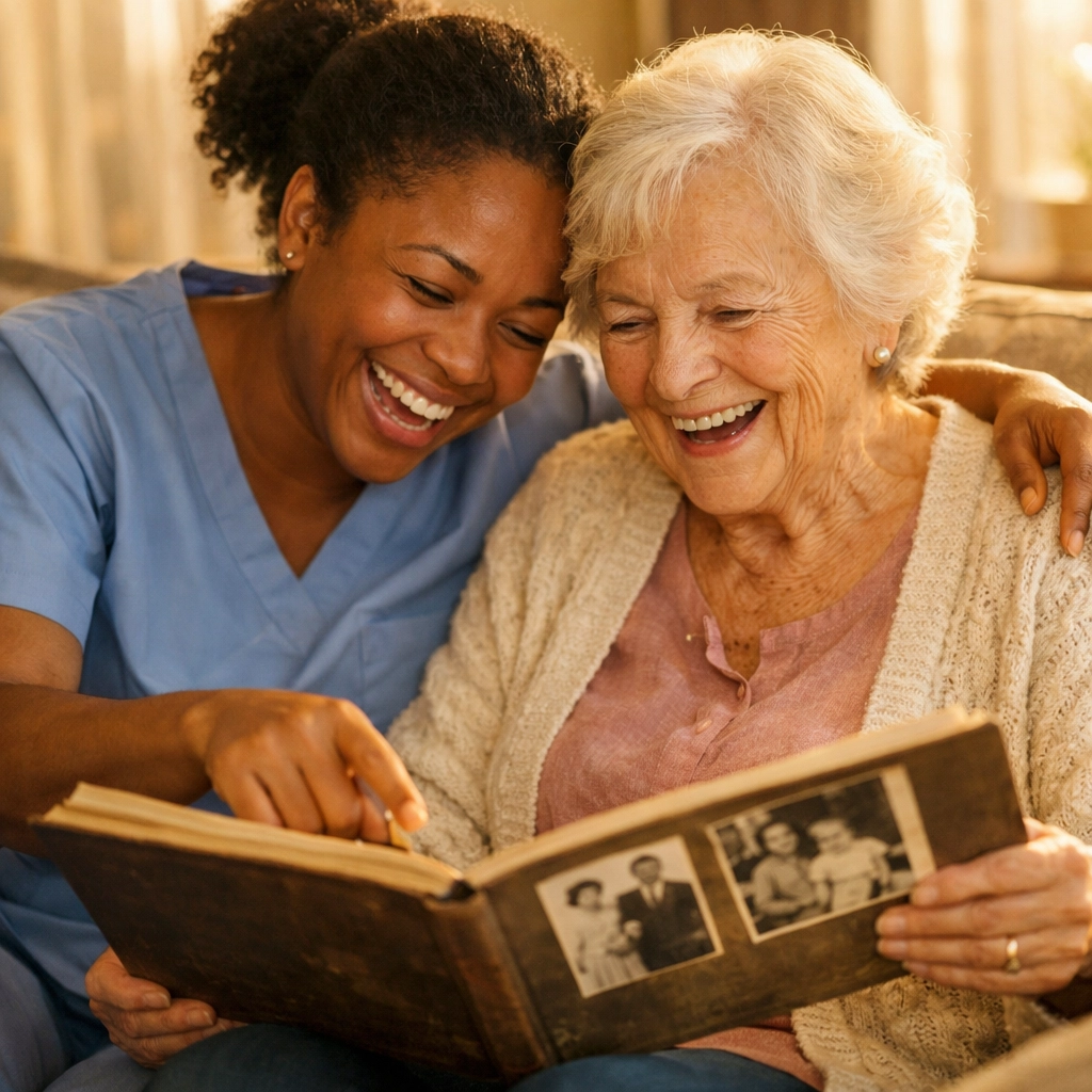 A compassionate caregiver and senior woman sharing a laugh while looking at a photo album in a Houston home.