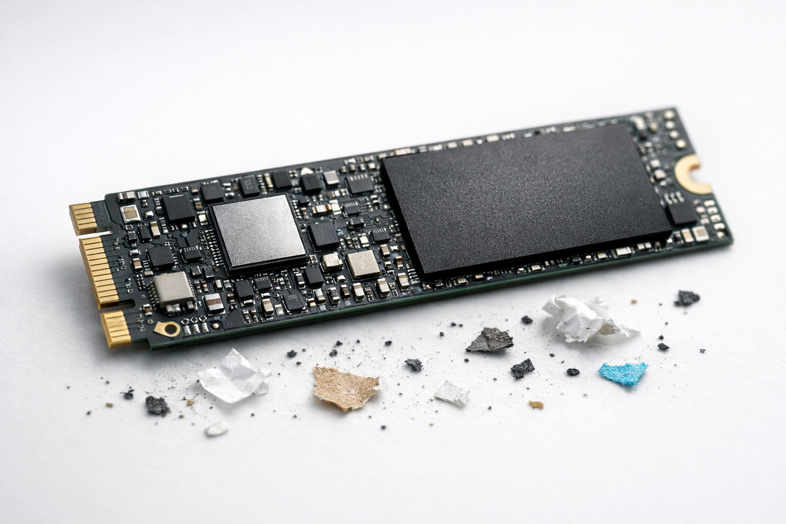 SSD storage drive with debris symbolizing database cleanup and Magento performance optimization