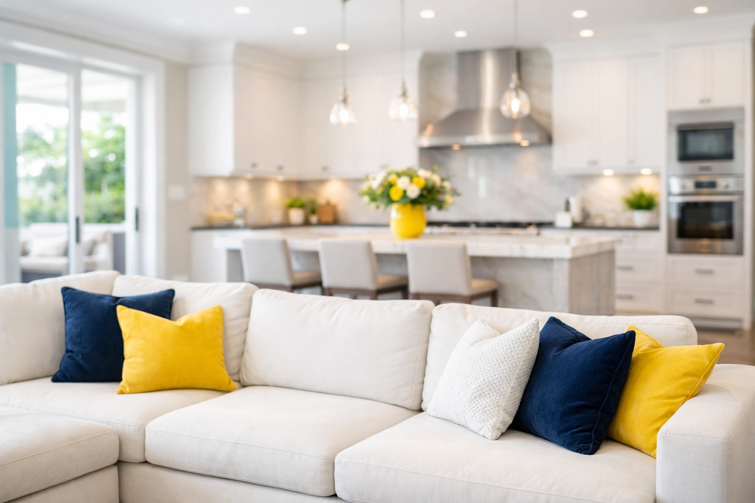 A bright, modern living room showcasing the results of professional weekly house cleaning services.