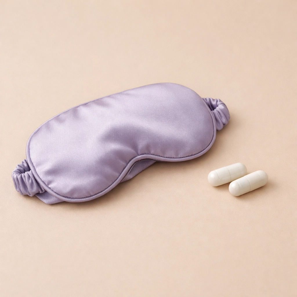 Silk sleep mask and supplement capsules representing restorative sleep and natural insomnia relief.